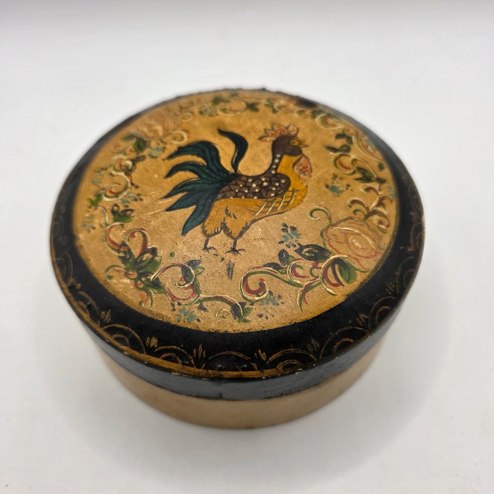 Vintage Hand Painted Rooster Papier‎ Mache Trinket Box Gold Lacquer Folk
